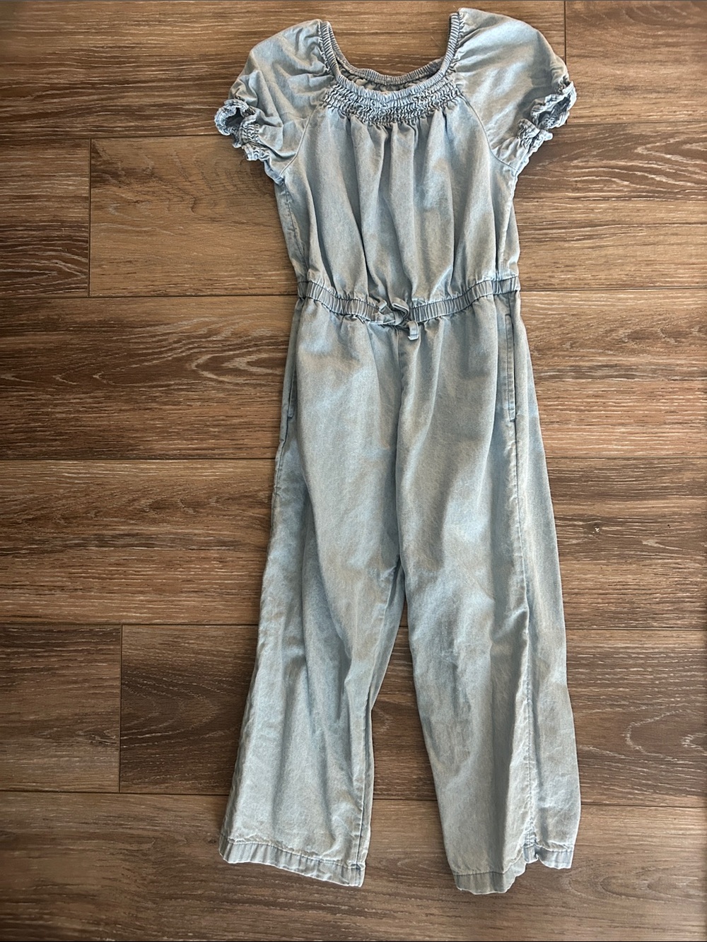 Light Wash Girls Denim Jumpsuit - Smocked Neck & Short Puff Sleeves